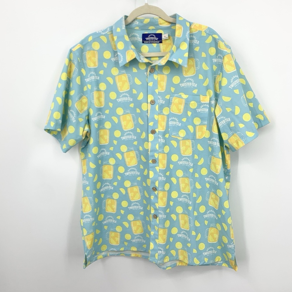 Twisted Tea Men Size XL Shirt Button Down Short Sleeve Top Blue Logo‎ Shinesty